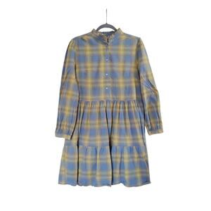 Maison Me Blue Yellow Plaid Cotton Ruffled Prairie Mini Dress, Women's Medium